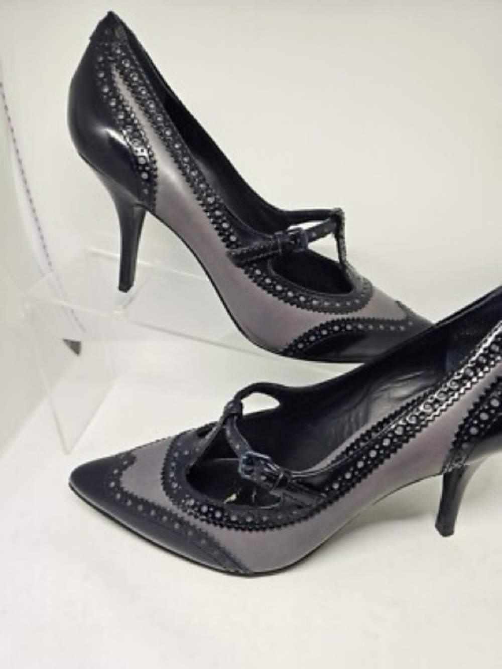 Tory Burch Black and Gray Pointed-Toe Mary Jane Heels - Picture 8 of 8